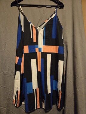 Geometric Print Slip Dress in Black, Blue, Coral & White